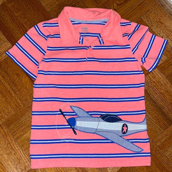 Airplane Appliqué stripe polo shirt 5T I’m not sure if you call this pink or not - Picture 1 of 6